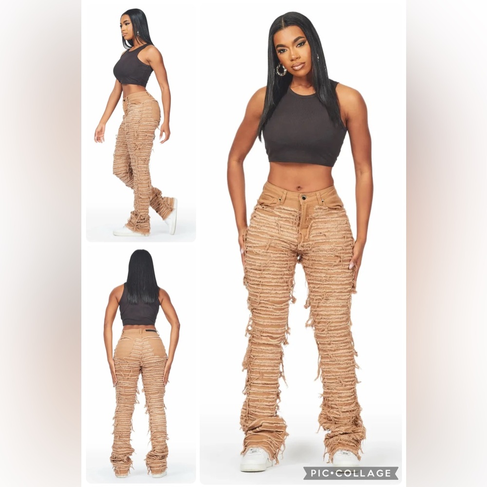NWT Women's Rockstar Original Tan Melany‎ Ripped Stacked Flared Jeans S M (A8)